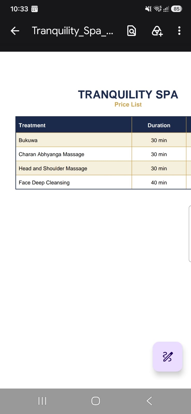 Tranquility Spa treatment menu